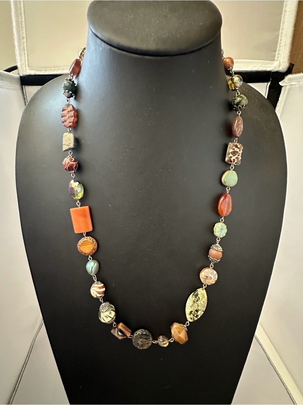 Desert Heart Multicolored Artisan Beaded Necklace - Earth Tone Glass and Gem Mix